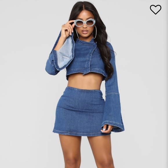 denim two piece skirt set